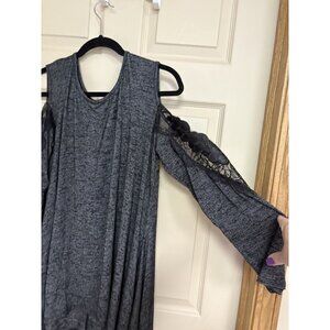 Venus Black Gray Cold Shoulder Top Size Large Crochet Trim Handkerchief Hem